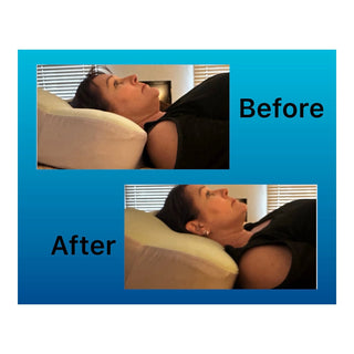 Side-by-side photos of a side sleeper's head position on the same pillow without and with Crown Lift support underneath