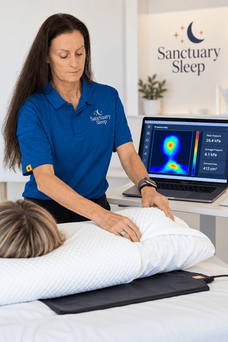 Danielle adjusting a pillow setup in the Sanctuary Sleep Pillow Lab next to a laptop showing pressure-mapping results