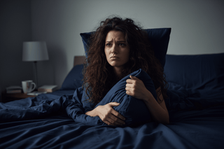 woman tossing and turning uncomfortable in bed