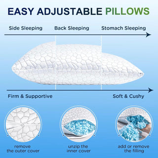 An infographic showing a white adjustable memory foam pillow with a textured honeycomb pattern, set against a light blue gradient background, with labels for Side, Back, and Stomach sleeping and a firmness spectrum. Pillow comes with Crown Lift pillow support system bundle.