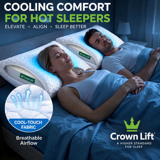 A man and a woman sleeping in bed on white Crown Lift cooling pillows with blue LED cooling visible around them, under blue bedding. Large text reads 'COOLING COMFORT FOR HOT SLEEPERS' and includes a circular inset showing breathable airflow and the Crown Lift brand logo.