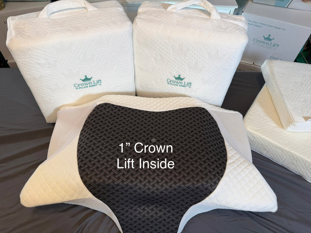 Butterfly style memory foam pillow with a 1" crown lift insert inside