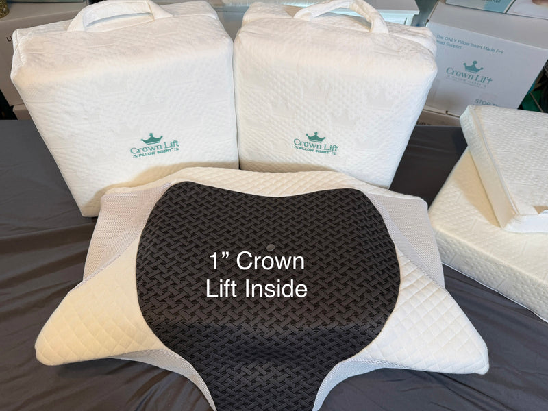 Crown Lift® Comfort System -insert inside a solid foam butterfly shape pillow showing head support in pillow