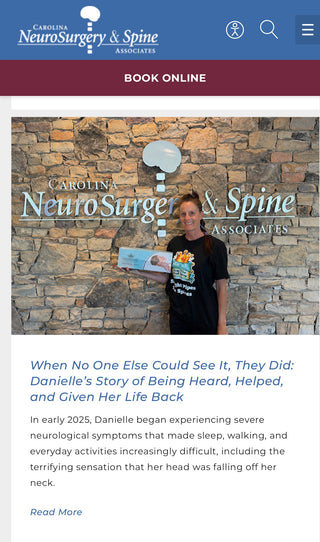 A screenshot of a website or brochure page for Carolina NeuroSurgery & Spine Associates, showing a photo of a danielle, founder of sanctuary sleep standing in front of CNSA