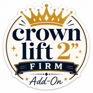 A circular white sticker or decal with a gold crown, navy text reading 'crown lift 2" FIRM', and gold accents on a white background.