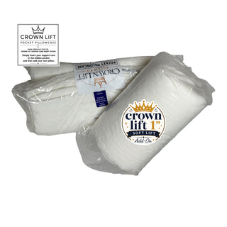 Two packaged white Crown Lift Pocket Pillowcase Add-Ons on a plain white background, with printed brand labels and a small inset callout showing the product details.