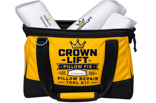 Yellow and black Crown-Lift Pillow Fix tool kit bag with white Crown Lift system, extra lift core, pocket pillowcase inside, shown in the Crown Lift Tool bag. Comes as their flagship offering of the included tool bag