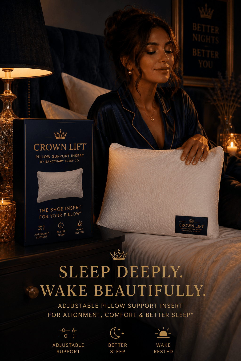 A woman in dark satin pajamas sits on a bed holding a white Crown Lift pillow support insert next to its navy blue retail box. The scene is warmly lit by bedside lamps, with promotional text at the bottom reading 'Sleep Deeply. The only pillow support upgrade, so you don't have to buy a new one