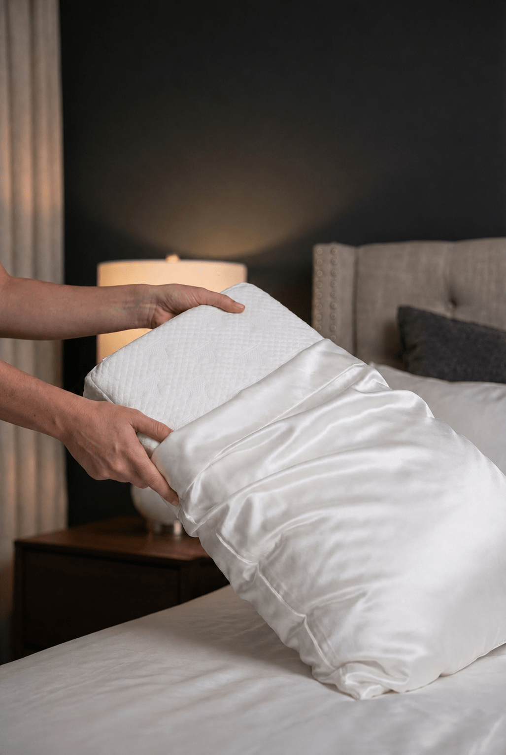 A person's hands holding  a pillow and inserting a crown lift support system for their pillow. on a bed in a modern bedroom setting. Upgrade your pillow don't buy a new one