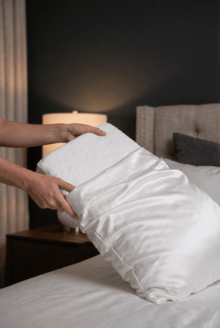 Sanctuary Sleep Crown Lift® Pillow Fix adjustable neck support pillow insert being placed into a pillow for enhanced comfort.