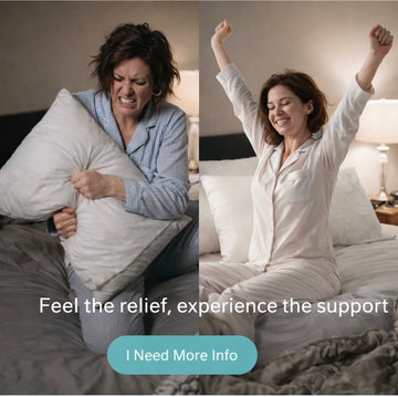 Woman struggling with a pillow on one side and sitting up in bed on the other, with text promoting Crown Lift nsert system