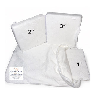 White quilted pocket pillowcases shown in three sizes labeled 1", 2", and 3" on a white background, with a Crown Lift logo patch on the front.