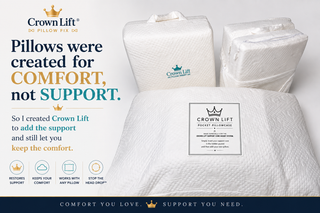 Crown Lift Pillow Fix — pillows were created for comfort, not support, so this adds the support and lets you keep the comfort. Restores support, keeps your comfort, works with any pillow, stops the head drop. Shows the LiftCore support core, pocket pillowcase, and your own pillow together.