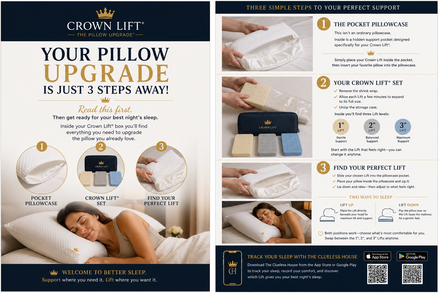 A printed promotional brochure or flyer for Crown Lift pillow products, showing a before-and-after sleep comparison, product photos of pillows and a cushion set, and step-by-step guide text titled 'Three Simple Steps to Your Perfect Support.'.