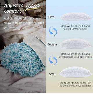 Adjustable shredded memory foam pillow by Sanctuary Sleep Co with shredded foam filling and soft fabric cover. Bundle deal with Crown Lift system.