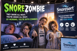 A large promotional display banner for SnoreZombie by Snoresert, featuring illustrated and photographed people in a bedroom scene with bold marketing text. A smaller matching display stand is visible in the lower right corner. Snorezombie and snoresert are product of Sanctuary Sleep Co-Crown Lift