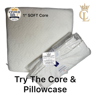 A white Crown Lift 1" Soft Core pillow shown next to a folded white pillowcase in clear plastic packaging, with brand logos and text overlays on a white background. try the 1" soft core and pillowcase
