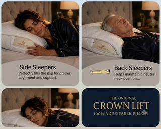 A four-panel promotional graphic for the Crown Lift adjustable pillow. The top-left panel shows a woman sleeping comfortably on the side with the pillow.