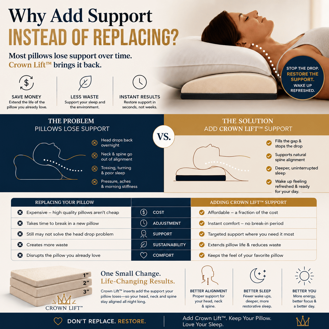 An infographic poster titled 'Why Add Support INSTEAD OF REPLACING?' with a large photo of a woman sleeping on a pillow at the top, and multiple comparison panels below about pillow replacement versus Crown Lift support. The design uses dark navy, beige, white, and orange sections with text and icons.