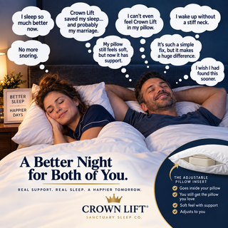 A promotional bed scene showing a smiling couple lying under white covers with speech bubbles above them describing sleep benefits. Large text reads 'A Better Night for Both of You.