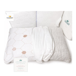 crown lift signature pocket pillowcase in the upgraded copper infused version. Demonstrating a 1" support lift being inserted into the pillowcase with a customers pillow