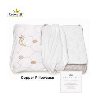 Crown Lift Copper Pillowcase shown folded with its white zipper pouch and a product card on a white background.
