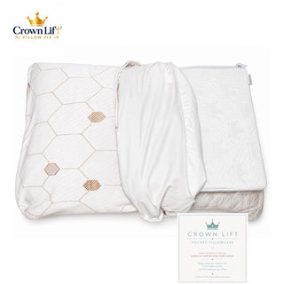 CrownLift Pocket Pillowcase shown on a white background, featuring their copper infused design with a 1" support core being inserted itno the case with a customer pillow. A brand logo card is shown in the bottom right corner.