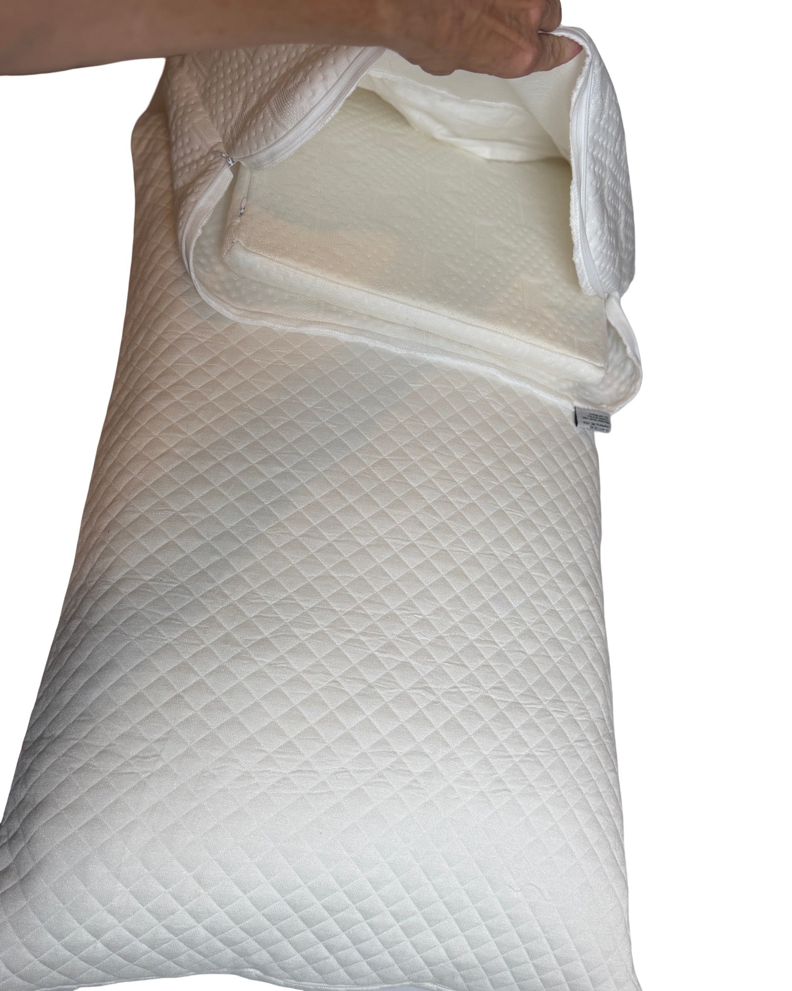the crown lift 1" insert going into pocket pillowcase with pillow