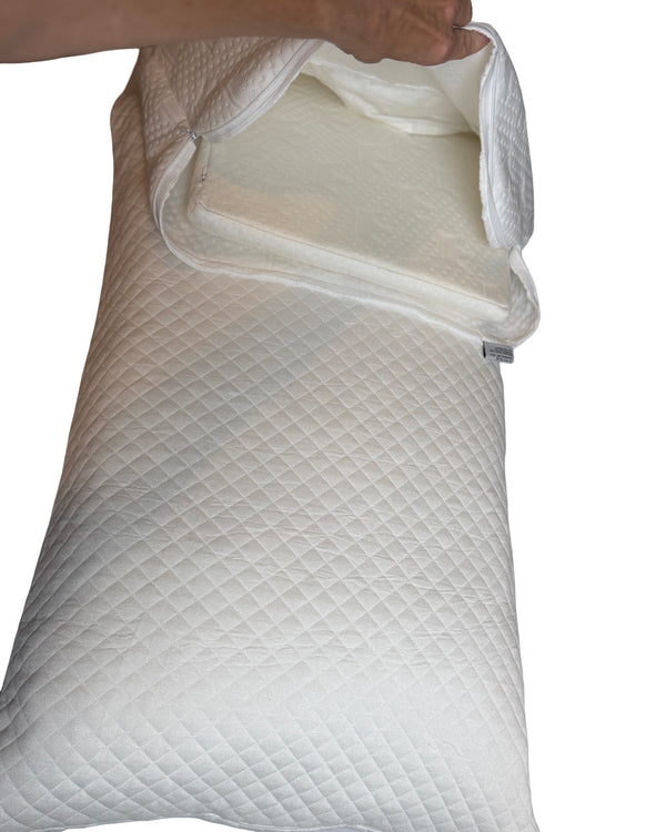 the crown lift 1" insert going into pocket pillowcase with pillow