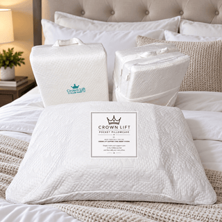 Crown Lift adjustable pillow support system shown with LiftCore support cores and pocket pillowcase.