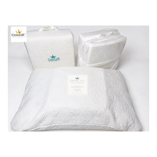 the crown lift complete system as it comes is featured on the left with the same set on the  right but unzipped and ope so you can see the 3 cores inside. The pocket pillowcase that holds the lift and he customer pillow is also in the image