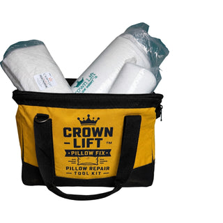 our limited time crown lift pillow fix complete set come in its own tool bag. The crown lift system, the pocket pillowcase, an extra support core, eye mask, hot/cold neck wrap, measuring tape for checking your pillow height.