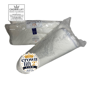 Two white Crown Lift Firm add-on pocket pillowcases shown in clear plastic packaging on a white background, with product callout graphics and branding. try it experience comes with pocket pillowcase and choice of ONE core insert for $45 plus $6.90 shipping