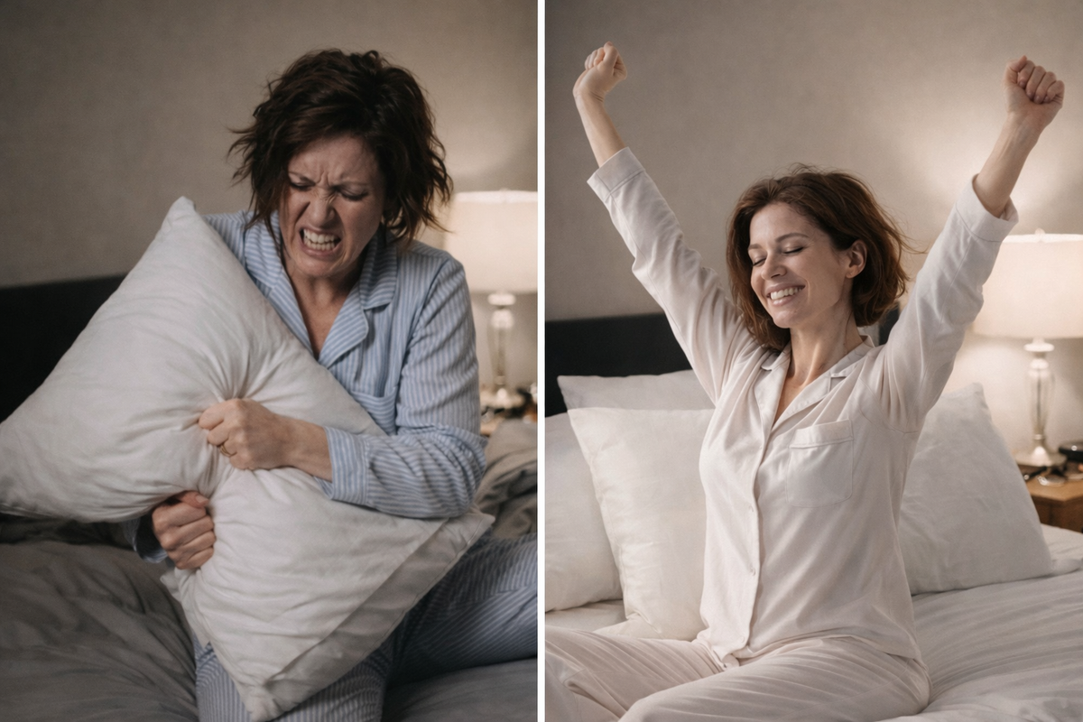 woman struggling with pillow flat on left woman on right waking up refreshed she uses the crown lift insert system