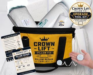 Crown Lift Pillow Fix and Repair Tool Kit shown with a yellow and black zippered bag, white pillow repair pads, printed instruction sheets, and a hand holding one of the white pads. A gold badge in the top right reads 'Crown Lift Pillow Fix Upgrade Tool Kit.