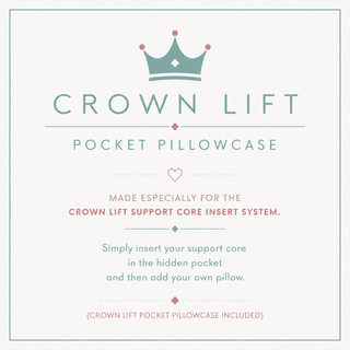 An informational product graphic for the Crown Lift Pocket Pillowcase, featuring a teal crown logo and text explaining that the pillowcase is made for the Crown Lift support core insert system and instructions on how to insert the support core and add a pillow.