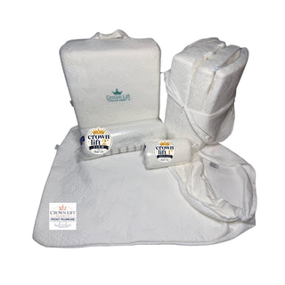 crown lift support system showing one set as shipped on left rear, the set open showing the three lifts included (1",2",3"), the pocket pillowcase, and the add-on 1" Soft and 2" Firm.