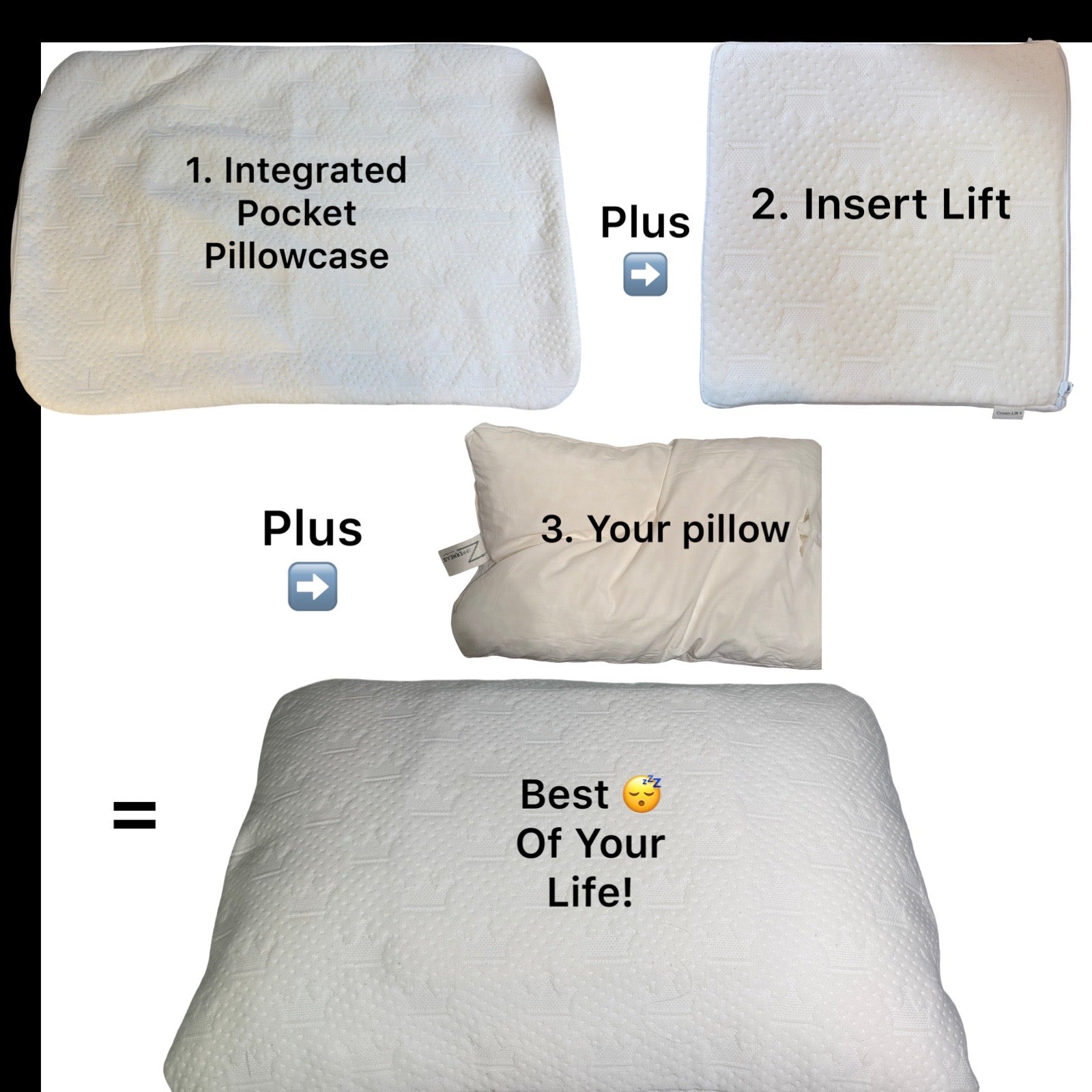 crown lift system setup showing the  signature integrated pocket pillowcase plus inert customer chooses plus their pillow all inside the integrated pillowcase makes the sleep system to support your head and neck