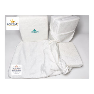 crown lift sleep system. Two sets. Upper left is the full set as shipped in the storage case. Upper right is the set unzipped showing all three lift core supports. 1",2", 3". The "hidden" pocket pillowcase that holds the support core is in front with a 2" support core inserting inside pillowcase. Note: this setup does not show a pillow, customer would insert their pillow into pillowcase.