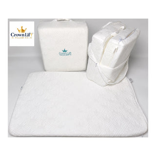 crown lift complete set on left with the unzipped set showing the 3 included support cores on right (1",2",3") and the signature hidden pocket pillowcase in the center. The pocket pillowcase holds the crown lift support cores in place. customer uses their own pillow