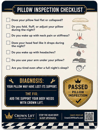 Pillow Inspection Checklist poster by Crown Lift Pillow Fix, featuring a checklist of sleep-related pillow inspection questions with illustrative diagrams, a diagnosis section, and a passed seal graphic.