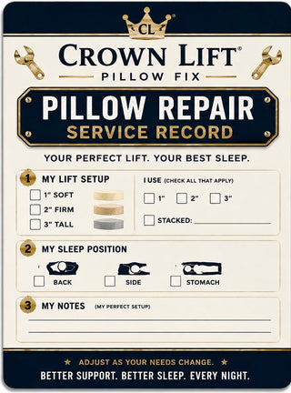 A branded service record card for Crown Lift Pillow Fix pillow repair, with cream background, dark navy header and footer panels, gold accents, wrench icons, a crown logo, and fill-in fields for lift setup, sleep position, and notes.