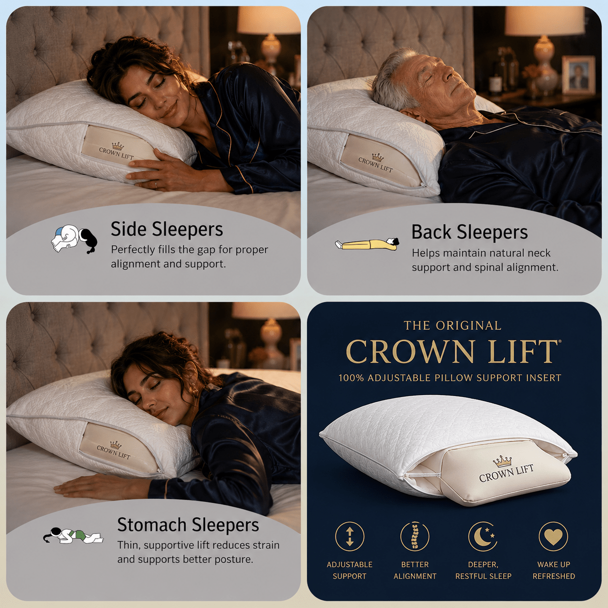 A four-panel promotional graphic for the Crown Lift adjustable pillow. The top-left panel shows a woman sleeping on the pillow in side profile. 