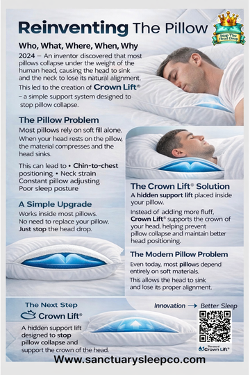 Advertisement for Crown Lift pillow with images of a man sleeping and text explaining the product. crown lift system solves head sink in pillows