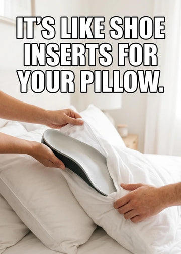 Person adjusting pillow with shoe inserts, text about neck relief and Crown Lift brand. crown lift in your pillow is like insoles in your shes