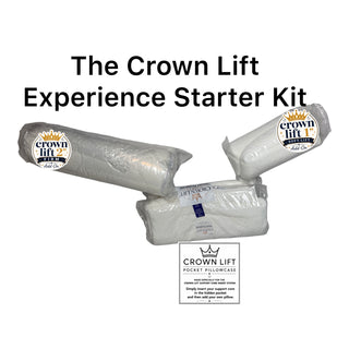 Three packaged white pillows arranged on a white background with large text reading 'The Crown Lift Experience Starter Kit' and multiple Crown Lift logo badges. Try it experience comes with pocket pillowcase and choice of ONE core insert for $45 plus $6.90 shipping